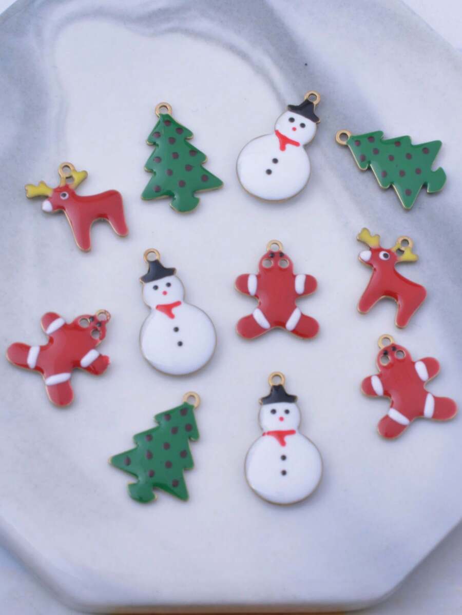10pcs Christmas Tree Gingerbread Man Reindeer Charms Set Double-Sided Enamelled Snowman Pendant Bracelet Bag Earring Necklace Jewelry DIY Making Decoration