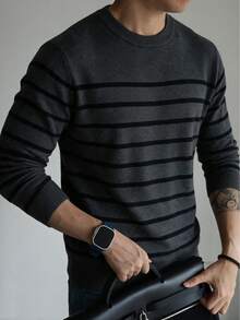 Men's Gray & Black Contrast Striped Crew Neck Textured Knit Sweater, Long Sleeve Pullover, Casual Commute Inner Layer Top, Autumn/Winter - Dark Grey - View 5