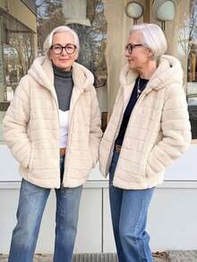 Women's Faux Fur Hooded Pocket Jacket - Perfect Choice For Autumn/Winter - Beige - View 7