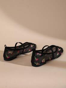 Women's Square Toe Mesh Embroidered Mary Jane Ballet Flats, Breathable Single Strap Flat Shoes - Black - View 5
