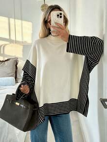 Sweater Rajut Wanita SEREN Baru Kerah Semi Tinggi Motif Patchwork Bergaris, Atasan Lengan Panjang Desain Longgar, Cocok untuk Pemakaian Harian dan Musim Gugur - Hitam dan Putih - View 5