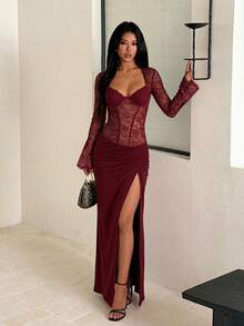 Autumn Solid Color Lace V-Neck Long Sleeve Dress Women's Elegant Dress Slit Evening Gown Party Date - Burgundy - View 4
