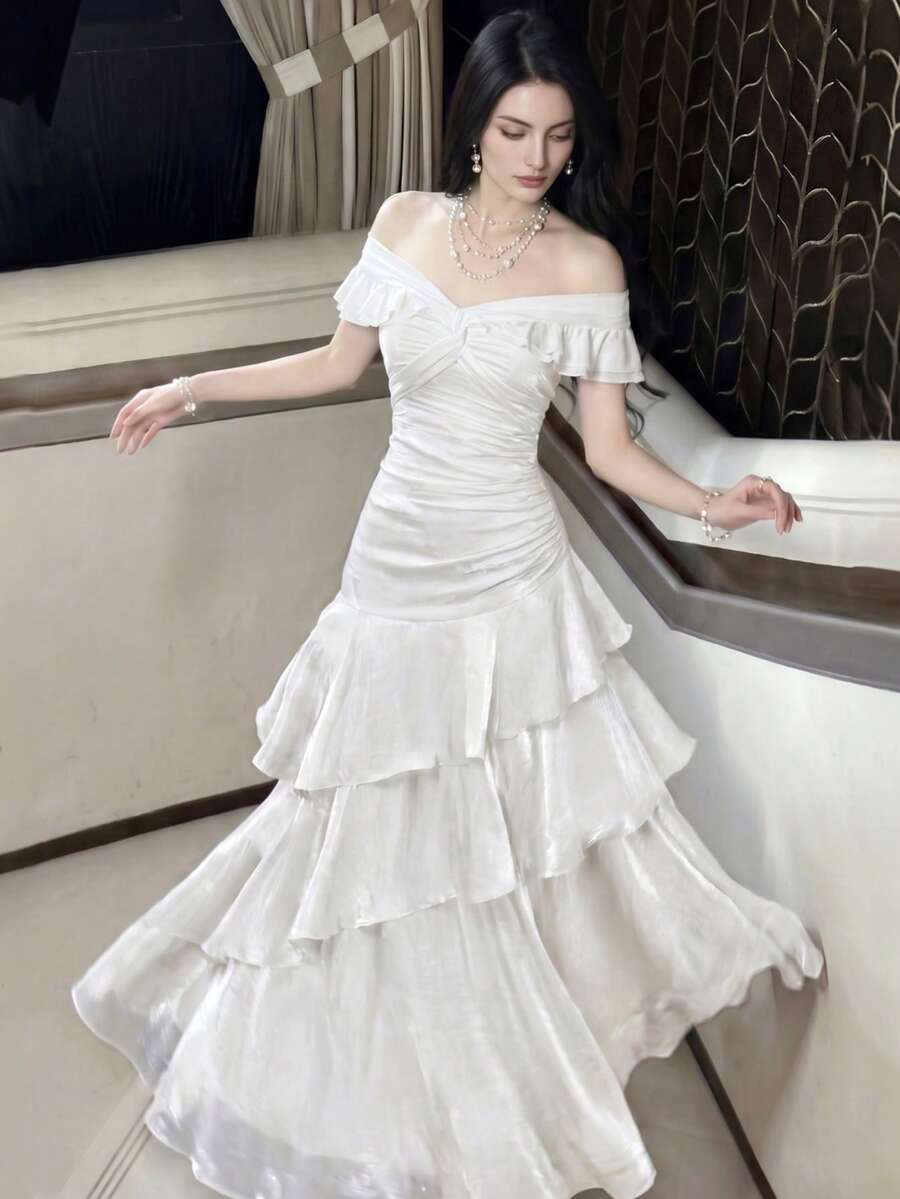 女士优雅浪漫露肩荷叶边鸡尾酒礼服,适合情人节派对、宴会、鸡尾酒会、生日约会、春夏婚礼等场合。 - 米色 - 查看 1