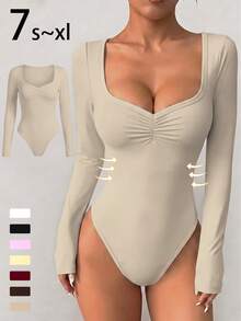 imisic Sexy V-Neck Ruched Long Sleeve Bodycon Dress. The Neckline Is Designed In A Deep V-Shape. This Is A Basic Form-Fitting Style, Suitable For Outdoor Wear, And Also Has A Slimming Effect. This Is A Tight-Fitting V-Neck Long Sleeve Dress, Suitable For Sports, Home Use And Daily Activities. - Khaki - View 2