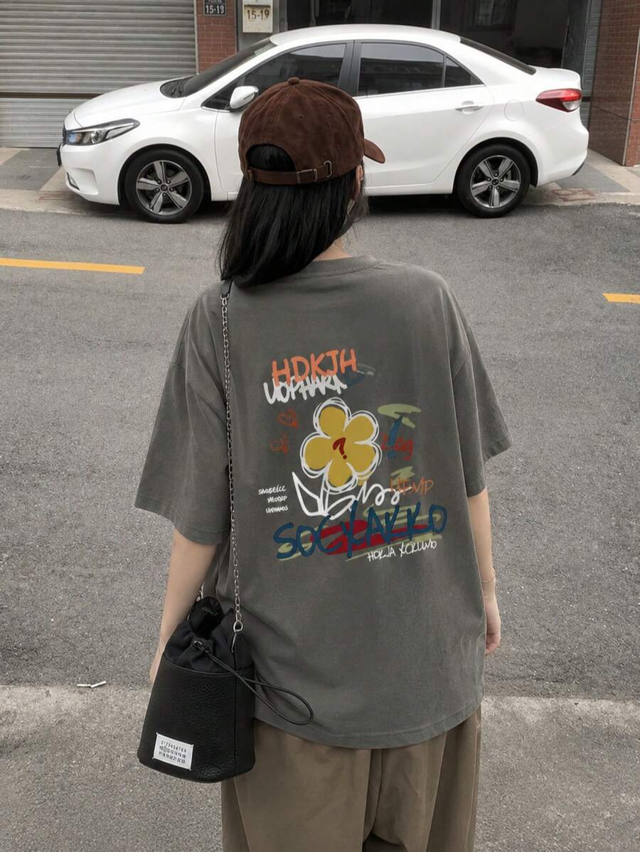 女士休闲宽松圆领卡通印花短袖T恤,适合春夏度假穿着 - 深灰色 - 查看 1
