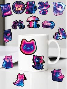 56Pcs PP Fluorescent Neon Cool Cute Cat Stickers, Cyberpunk Decor Elements Of Astronaut, Wizard And Party‑Themed Kittens, Suitable For Notebooks, Suitcases, Game Console Shells, Water Bottles, Storage Boxes, Desks - Multicolor - View 6