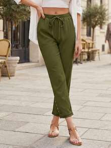 Jisfaneya Women's Casual Pants With Drawstring, Elastic Waistband, And Button Accents - Army Green - View 2