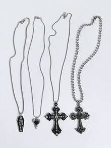 4pcs Vintage Gothic Alloy Rhinestone Cross Coffin Skull Melting Heart Necklace, Suitable For Women Street Party Wear - Multicolor - View 2