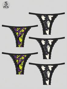 Morvia 5Pcs Gothic Halloween Thongs, Spooky Ghost Zombie Skull All‑Over Print Lace Trim Low‑Rise Women Sexy Intimates Underwear Multipack - Multicolor - View 1