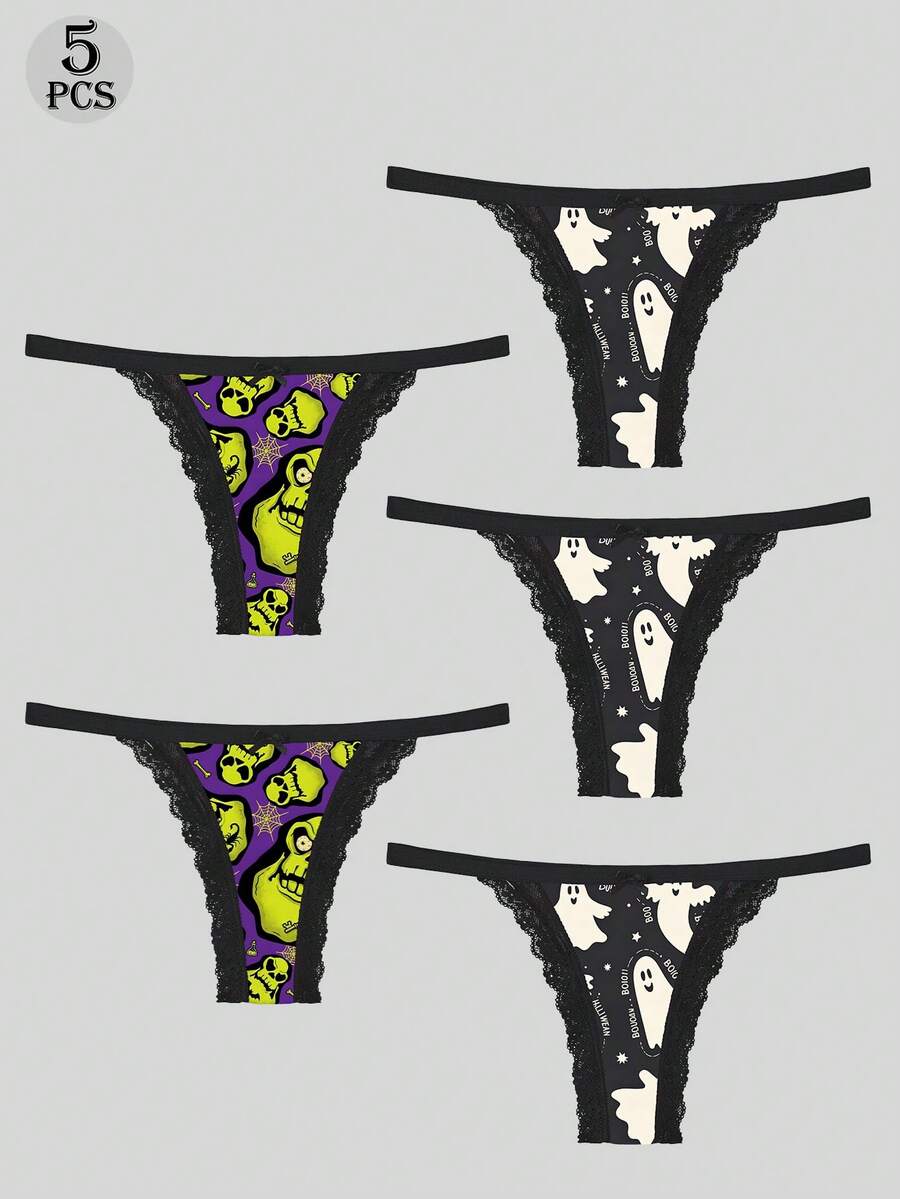 Morvia 5Pcs Gothic Halloween Thongs, Spooky Ghost Zombie Skull All‑Over Print Lace Trim Low‑Rise Women Sexy Intimates Underwear Multipack - Multicolor - View 1
