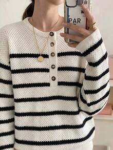 BuyK [Tops]SAKI French Niche Single-Breasted Striped Versatile Half-Open Collar Loose Knit Sweater For Women - Apricot - View 3