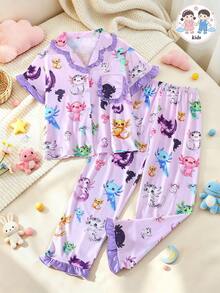 2pcs/Set Tween Girl Casual Digital Cartoon Hexagon Dinosaur Print Lapel Short Sleeve Top And Shorts Pajama Set, Flame Retardant, Ruffle Cuff And Hem Design, All Season, Tween Girl - Multicolor - View 1