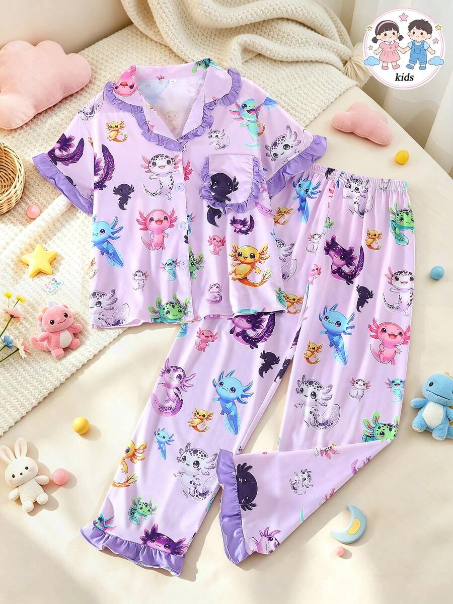 2pcs/Set Tween Girl Casual Digital Cartoon Hexagon Dinosaur Print Lapel Short Sleeve Top And Shorts Pajama Set, Flame Retardant, Ruffle Cuff And Hem Design, All Season, Tween Girl - Multicolor - View 1