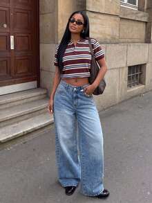 Low-Waist Wide-Leg Casual Blue Jeans With Slant Pockets, Summer Clothing Spring Fall - Dark Wash - View 7