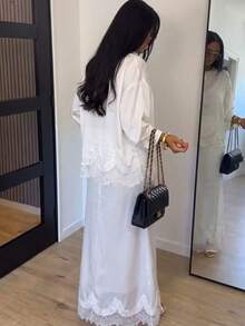 Women's White Non-Stretchy Two Pieces Outfits Sleeve Lace Trim Maxi Set For Daily Lounge Wear - White - View 3