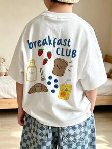 Baby Boy Cute Food Pattern Back Print Basic T-Shirt, Milk Strawberry Croissant Cartoon Pattern Loose Fit Summer Top - White - View 2