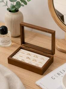 1 Piece Ring Jewelry Organizer, Wooden Transparent Display Box With Compartments, Suitable For Counter Display, Bedroom, Bathroom, And Accessory Storage, Can Hold Earrings, Necklaces, Bracelets, Dustproof Lid, - Multicolor - View 4