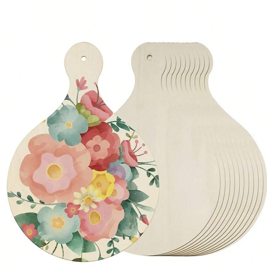 5pcs Natural Wood Handle Wooden Slices With Holes Blank Wooden Hanging Tags DIY Hand-Painted Graffiti Decorative Wooden Base Board Craft Materials - A - View 1