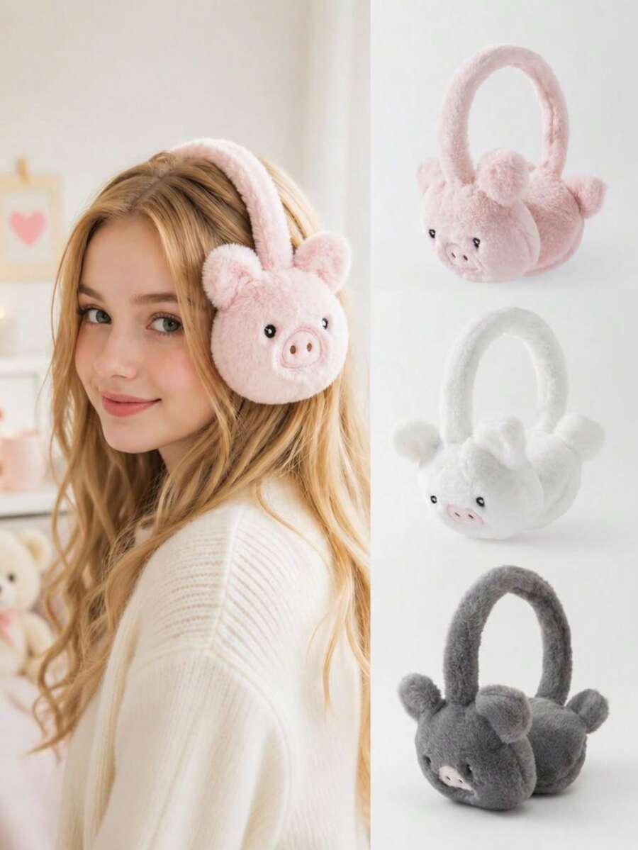 GARASSACC 1pc Cute Pig Embroidery Plush Warm Earmuffs - Solid Color - View 1