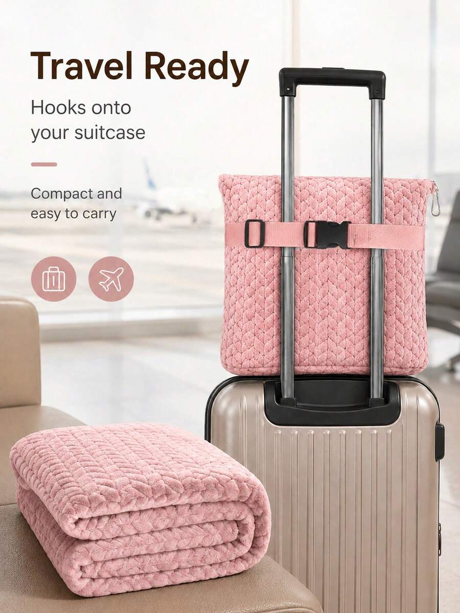 Travel Blanket & Pillow Set, Knitted Texture Portable Nap Blanket, All-In-One Travel Blanket, Suitable For Living Room, Bedroom, Office, Travel, Autumn/Winter, Christmas Home Decor Gift Set, Perfect For Car And Flight Travel, Car Essential