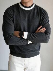 Men's Round Neck Contrast Color Ribbed Trim Knit Sweater, Autumn/Winter Long Sleeve Pullover, Mature Style, Commute Casual Inner Layer/Outerwear Top - Dark Grey - View 5
