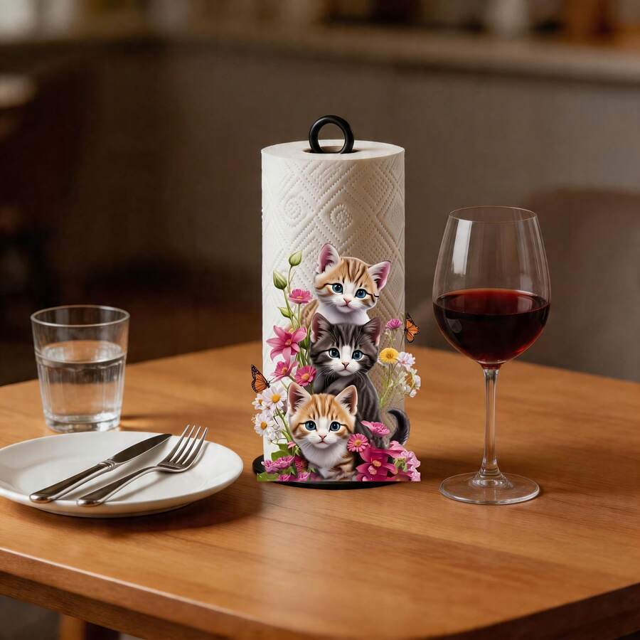 Cute 3 Cats Floral Butterfly Decorative 2D Creative Acrylic Paper Towel Holder, Kitchen Roll Storage, Holiday Party Decoration, Perfect For Holiday Celebrations, Beautiful And Affordable, Paper Towels Not Included - Multicolor - View 1