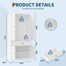 Wooden Wardrobe Armoire, Freestanding Bedroom Closet Cabinet With 2 Drawers, Adjustable Shelves And Spacious Storage, Multi-Functional Clothes Storage Organizer For Bedroom, Living Room And Home - White - View 3