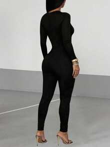 AiTyi Designer Metal Buckle Hollow Long Sleeve Fitted Jumpsuit, High Elasticity Slim Fit, Back To School Autumn Party Y2K Style - Black - View 7