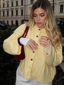 1pc Women Solid Color Versatile & Comfortable Knit Cardigan Sweater, Loose Fit, Long Sleeve - Yellow - View 1