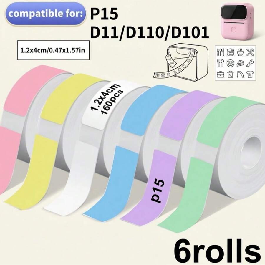 160pcs/Roll 12x40mm Thermal Label Stickers, Waterproof Tear-Resistant Self-Adhesive Sticker Roll, Compatible With Phomemo D30 Q30 Marklife P11 P50 L12 Q2, For Kitchen Pantry, Spice Jars, Home Office, File Organization, Name Labels, Small Business - Multi-color - View 1
