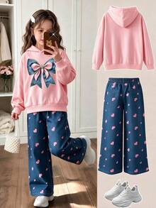 American Sweetheart Bow Print Hoodie + Heart All-Over Print Casual Pants 2-Piece Set, Suitable For Spring, Autumn, Winter, Girls' Daily Versatile Style - Pink - View 2
