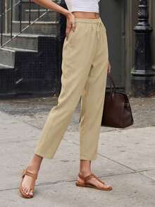 Jisfaneya Women's Solid-Color Drawstring Waist Casual Pants With Pockets - Khaki - View 5