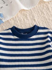 Autumn/Winter Baby Girl Blue Striped Outfit & Spring/Autumn New Round Neck Loose Top & Wide Leg Pants 2-Piece Set, Stylish Versatile Casual Outfit For - Blue - View 7