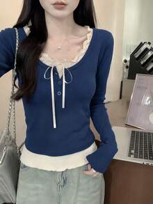 Sweet Bow Long Sleeve Ruffle Women's Blouse, Spring/Summer Style, Valentine's Day, Winter Top - Blue - View 6