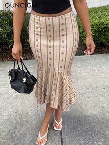 Women Casual Striped Midi Skirt Mermaid Hem For Fall Winter Travel Going Out Dating - Beige - View 4