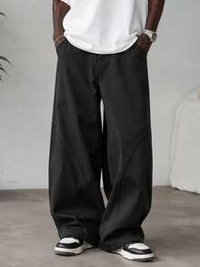 Black 3D Segmented Wide Leg Casual Pants, Curved Stitching Loose Straight Leg American Style Long Pants For Men - Black - View 1