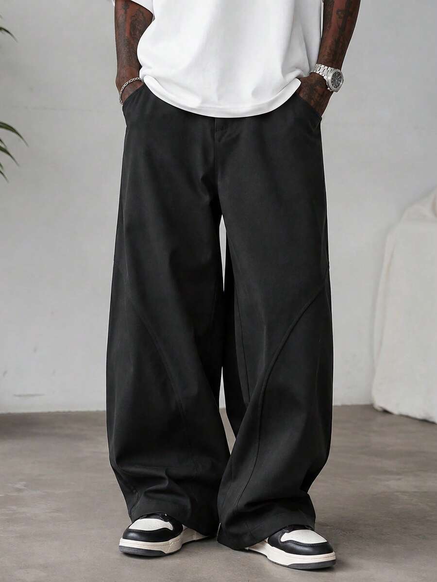 Black 3D Segmented Wide Leg Casual Pants, Curved Stitching Loose Straight Leg American Style Long Pants For Men - Black - View 1