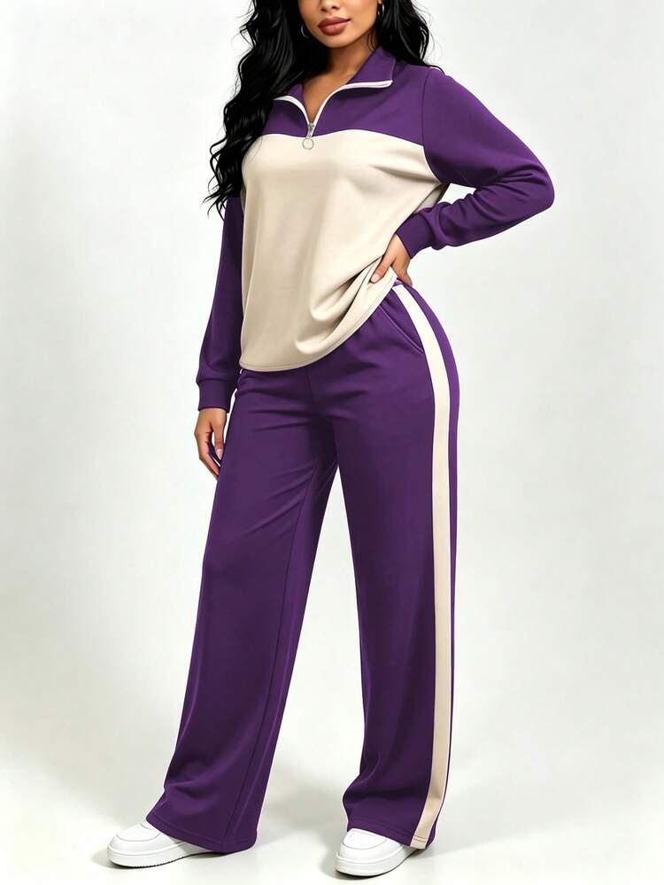 Women's Casual Popular Outfit Set, Elegant Sportswear With Loose Collar Top And Wide Leg Pants, 2 Pieces Set, Autumn/Winter - Purple 81 + Apricot 11 - View 4