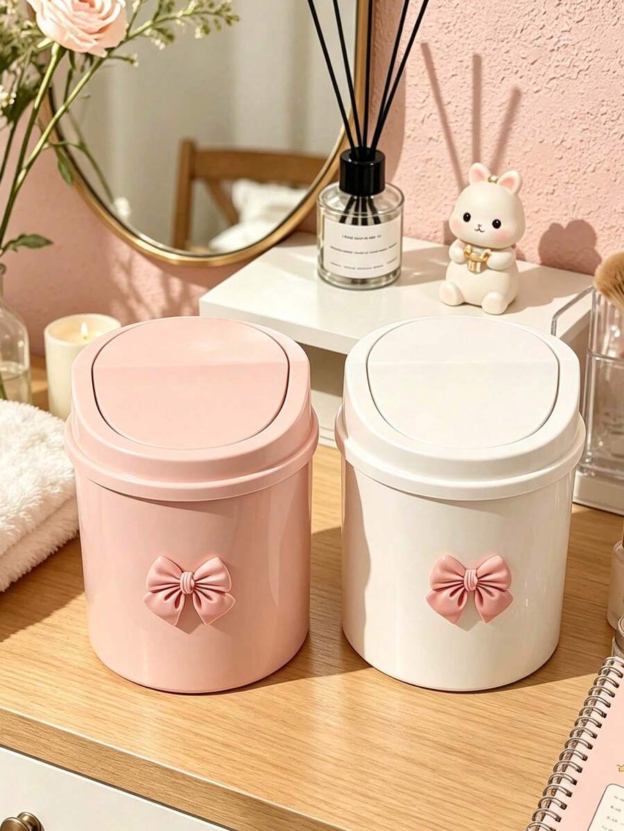 Mini Desktop Trash Can With Lid And Decorative Bow, Plastic Rotating Lid, Non-Electric Cylindrical Design, Suitable For Home, Office, Kitchen, Bedroom Vanity And Daily Use - Multi-color - View 1