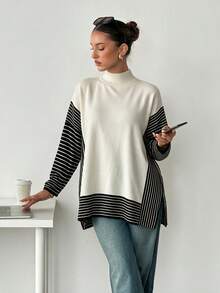 Sweater Rajut Wanita SEREN Baru Kerah Semi Tinggi Motif Patchwork Bergaris, Atasan Lengan Panjang Desain Longgar, Cocok untuk Pemakaian Harian dan Musim Gugur - Hitam dan Putih - View 7