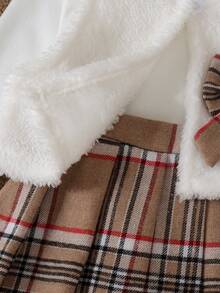 3pcs Baby Girl Gentle Academy Style Plush Plaid Bow Vest + Solid Color Small Stand Collar Long Sleeve Base Layer + Matching Plaid Pleated Skirt Set, Autumn/Winter - Khaki - View 6