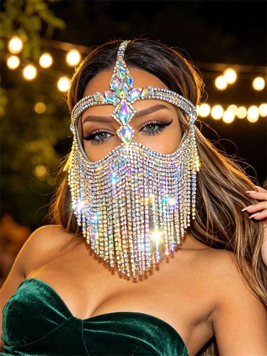 Bohemian Rhinestone Tassel Face Mask Rhinestone Headpiece Nightclub Party Women's Headwear - Gold - View 1