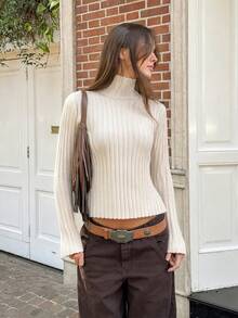 Sweater Rajut Model Korea Slim Fit Terbaru Musim Gugur/Dingin 2026 dengan Leher Semi Tinggi, Atasan Lapisan Dasar untuk Wanita - Aprikot - View 8