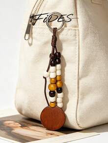 1PC Woven Rope Wooden Bead Pendant With Round Wooden Disc Charm, Personalized Artistic Textured Hanging Ornament, Daily Bag Decoration Accessory, Beaded Craft Decorative Pendant - Multicolor - View 7