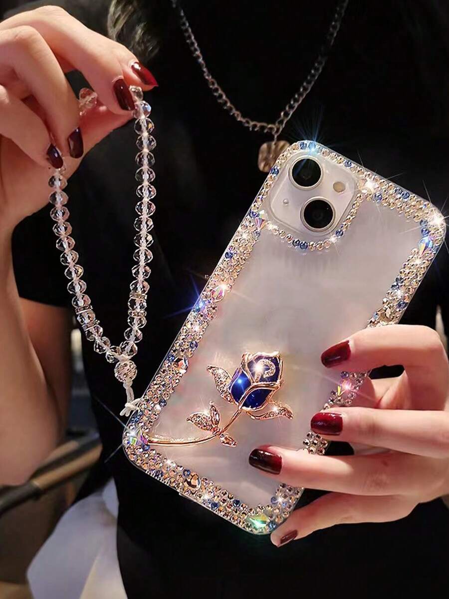 Fashion Luxury 3-Row Glass Crystal Frame Metal Rhinestone Rose With Crystal Chain Strap Phone Case, Anti-Drop Transparent Protective Shell Compatible With Iphone - Blue - View 1