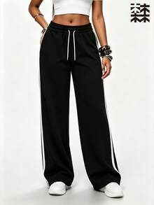 mulinsen Women's Straight Leg Ice Silk Quick Dry Striped Colorblock Sweatpants - Deep Space Black - View 10