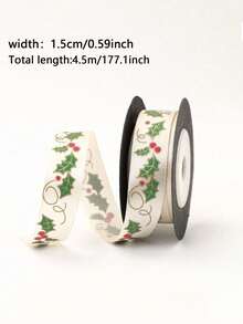 1pc 5-Yard Christmas Red Berry And Holly Leaf Ribbon - Gold Foil Christmas Gift Ribbon, Suitable For Gift Box Wrapping, Bouquet Wrapping, DIY Bows And Holiday Wreath Accessories, Christmas Decorative Ribbon. - One Size Fits All - View 3