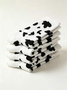 3/5/10 Pairs Men's Cow Print Mid-Calf Socks, Black And White Spotted Socks, Soft Breathable Casual Street Style Mid-Calf Socks - Black and White - View 4