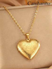 1pc Minimalist Openable Stainless Steel Patterned Photo Frame Pendant Necklace, Commemorative Gift For Loved Ones - Gold - View 2