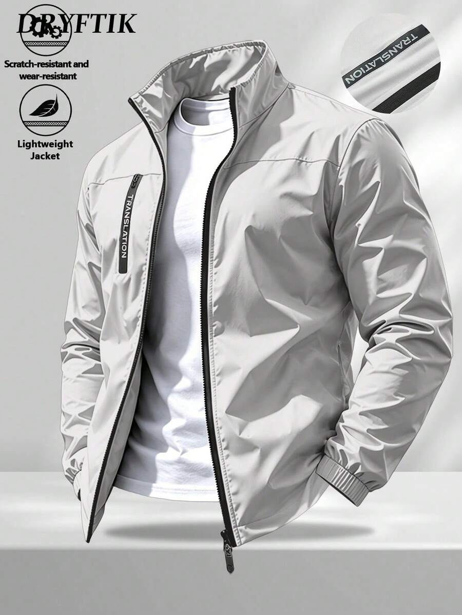 Men's Stand Collar Windproof Jacket, Spring/Autumn Solid Color Business Casual Outerwear, Versatile Durable Workwear Top For Young And Middle-Aged Men, All-Match Commuter Sports Jacket - Light Grey - View 1